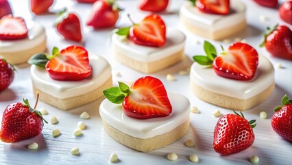 Heart-shaped strawberry tarts with creamy white topping, garnished with fresh mint leaves and white chocolate shavings, arranged on a white wooden surface