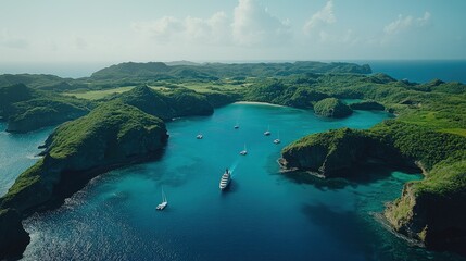 Luxury Yacht Navigating Lush Green Island Cove
