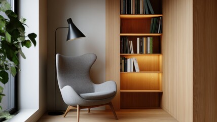 A cozy mid-century modern reading nook is nestled in a sunlit corner, inviting relaxation and inspiration.