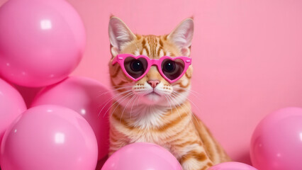 Concept of Valentine's Day February 14. Portrait of ginger cat in heart shaped glasses looking at camera with pink balloons in the background. Pet in love. Holiday birthday party card. Symbol of love