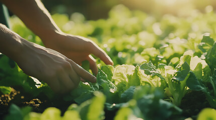 Hands of young farmer inspecting vibrant green lettuce plants in sunlit field, showcasing care and attention given to sustainable agriculture