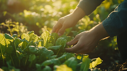 farmers hands gently inspect vibrant green lettuce plants in sunlit field, showcasing care and attention given to sustainable agriculture