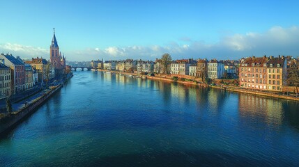 Fototapeta premium Riverfront cityscape with church and colorful buildings
