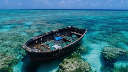 Abandoned Wooden Boat in Crystal Clear Shallow Water on a Tropical Island