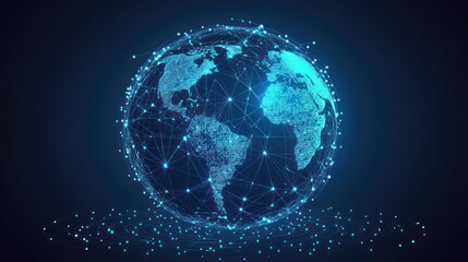 Fototapeta premium Global network connection, digital earth, glowing nodes, dark background, technology concept