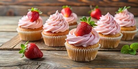 Delicate pastel pink cupcakes with fresh strawberries and whipped cream on top, arranged on a rustic wooden table