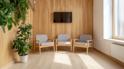 Fototapeta premium Cozy wooden office waiting room elegantly furnished for comfort and style, inviting guests to relax and unwind.