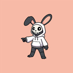 A charming cartoon bunny with a skull head wears a white hoodie and points playfully.