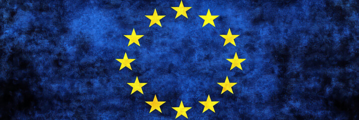 Celebration of Europe day with european union flag against a blue textured background for cultural events and educational purposes. Horizontal banner. Copy space. Flag of EU. Europe day