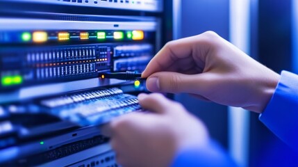 A technician connects cables in a data server rack, emphasizing technology and maintenance.