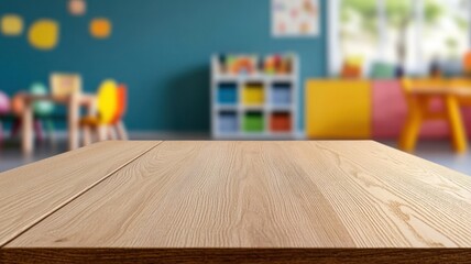 An empty wooden table in a children's room surrounded by colorful toys and playful decor, inviting creativity and fun.