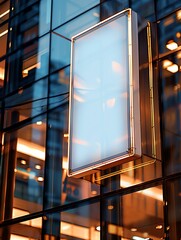 Fototapeta premium Blank billboard in the city, ideal for advertisement, displayed on modern glass building with reflections of urban lights.