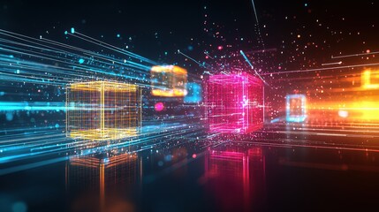 Luminescent 3D Futuristic Grid with Glowing Cubes and Radiant Lines