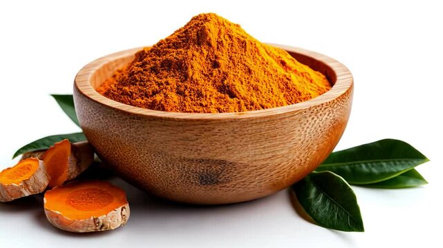 A vibrant bowl of turmeric powder surrounded by fresh turmeric roots and green leaves.