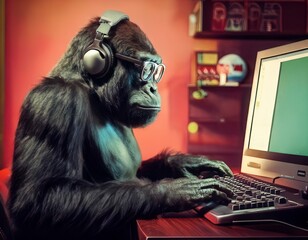 A gorilla sitting at a desk with a laptop. Suitable for gaming concepts. Generated image