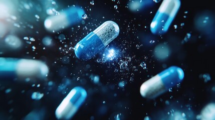 Blue Capsules Falling, Dark Background, Water Droplets, Medical