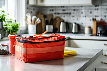 Emergency kit displayed on a kitchen counter for home safety