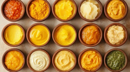 Assorted Colorful Dips and Sauces in Small Bowls, Top View