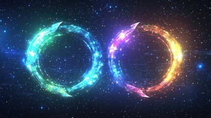 Obraz premium Two glowing circular designs in a cosmic background, suggesting themes of infinity and connection.