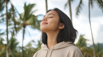 Fototapeta premium Young Malay Woman in Her 20s Wearing Beige Athleisure Clothing Enjoying a Peaceful Moment Outdoors Surrounded by Lush Green Palm Trees and Bright Natural Light