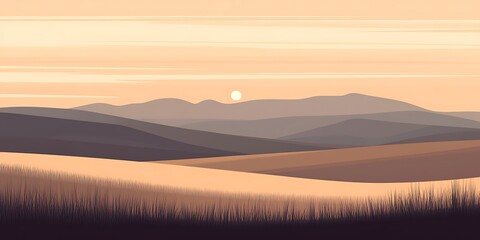 Obraz premium Sunset over rolling hills, peaceful landscape, nature scene, website banner.