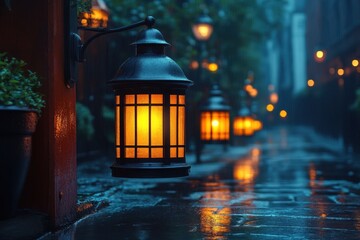 Evening glow from lanterns on a rainy street in a quiet urban neighborhood