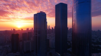 Fototapeta premium A vibrant sunset over a modern city skyline with towering skyscrapers.