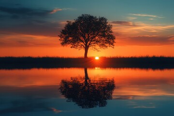 Fototapeta premium Stunning sunset over calm waters with a solitary tree silhouetted against colorful sky