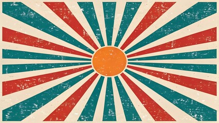 Fototapeta premium Create a retro-styled sunburst pattern with a grunge texture. The design should feature alternating red and teal rays radiating outward from a central orange circle, representing the sun. 