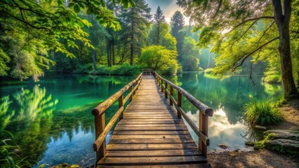 Mysterious forest path leading to a ancient wooden bridge over a serene lake, lake, peaceful ambiance