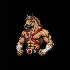 A powerful illustration depicts a muscular horse with a human-like physique, ready for combat.  The image showcases strength and determination.