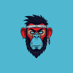 The image depicts a stylized illustration of a  monkey head with a red face, headband, and aggressive expression.