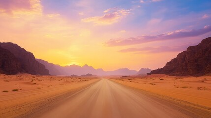 Fototapeta premium A scenic desert road at sunset, leading towards distant mountains under a colorful sky.
