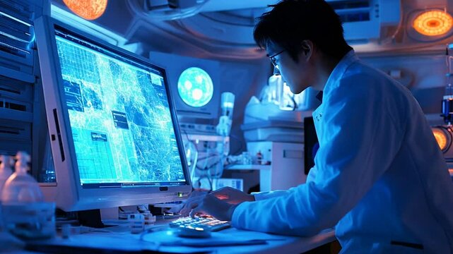 A researcher in a high-tech laboratory analyzing complex digital data on a glowing blue interface. The futuristic setting, with detailed screens and equipment, highlights innovation in scientific 