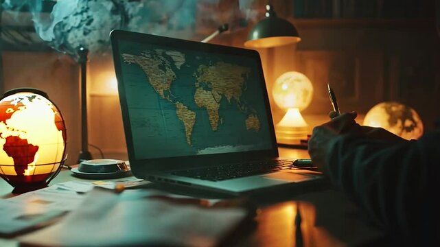 A person working on a laptop displaying illuminated maps and global data visualizations. The warm, ambient lighting evokes a sense of focus and technology-driven exploration in a digital 