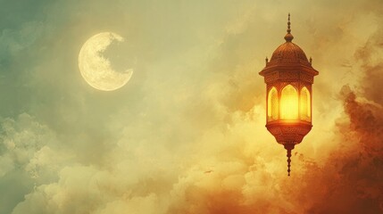 Obraz premium Ramadan Nights: Illuminated Lantern Under a Crescent Moon