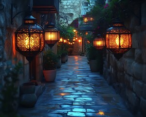 Illuminated alleyway with lanterns at night.