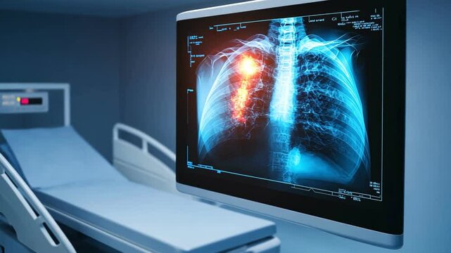 Detailed medical X-ray monitor displaying chest with abnormal findings.