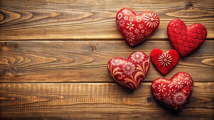 Warm red hearts on wooden background, warm colors, floral pattern,  warm colors, floral pattern