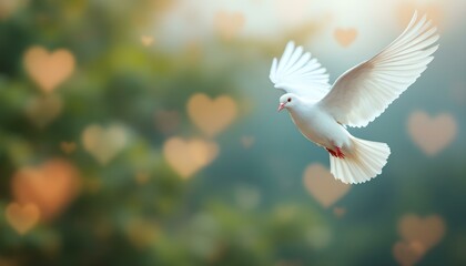 A pristine white dove, wings outstretched in graceful flight, is captured against a soft, bokeh background of verdant greens and gently blurred heart shapes.