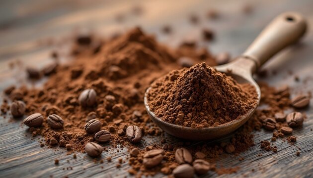 A close-up of rich, dark brown coffee grounds piled on a rustic wooden surface, interspersed with roasted coffee beans and a heaping spoonful of ground coffee.