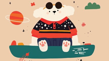 Fototapeta premium Puppy concept. Whimsical and charming depicting a cute chubby puppy exploring the wonders of the cosmos surrounded by planets stars and a vibrant fantastical space themed landscape