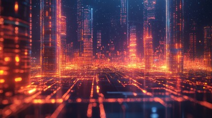 Fototapeta premium Futuristic city glowing at night, digital data streams, background particles, tech concept