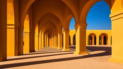 Fototapeta premium A vibrant architectural space featuring yellow arches and a clear blue sky.