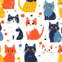 Colorful cat pattern with playful cartoon kittens on white background