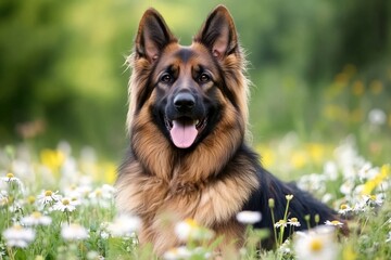 Majestic German Shepherd Surrounded by Vibrant Wildflowers in a Sunny Meadow