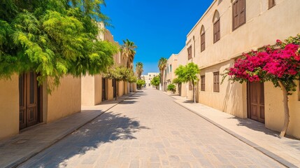 Fototapeta premium A serene street lined with traditional buildings and vibrant flowers under a clear blue sky.
