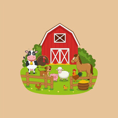 A cartoon illustration depicts various farm animals near a red barn, enjoying a peaceful day on the farm.