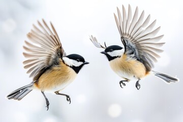 Chickadees flying with wings spread on white background.