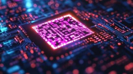 Glowing CPU on Circuit Board, Tech Background
